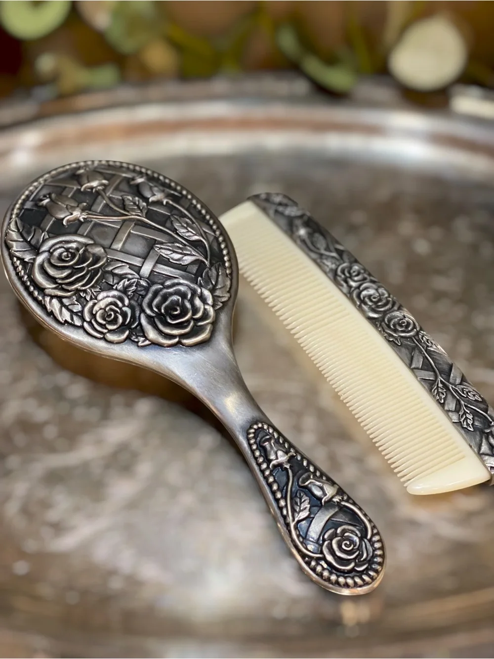 Vintage Silver Floral Vanity Set with Brush and Comb